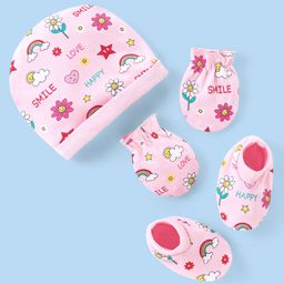Babyhug 100% Cotton Cap Mittens And Booties Text  Printed - Pink-20