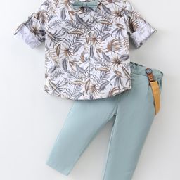 ToffyHouse 100% Cotton Woven Full Sleeves Leaves Printed Shirt & Trouser Set with Bow & Suspender - Teal Blue-image-28