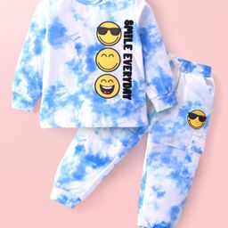 Babyhug Cotton Knit Full Sleeves T-Shirt & Lounge Pants Set With Tie Dye & Emoticon Print - Light Blue & White-image-41