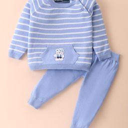 ToffyHouse Knitted Cotton Raglan Sleeves Striped Winter Wear Set With Kangaroo Pockets & Teddy Patch - Blue-image-31