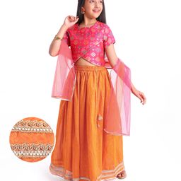 Pine Kids Woven Half SleevesEmbroidered Choli Lahenga set With Dupatta - Dark Orange-image-42