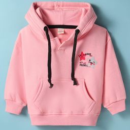 Olio Kids Fleece Knit Full Sleeves Hooded Sweatshirt With Text Print & Kangaroo Pockets - Pink-picture-1