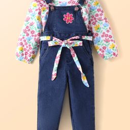 Babyhug Single Jersey Knit Dungaree & Full Sleeves Top With Floral Print - Navy Blue-image-95