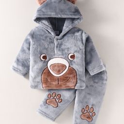 Mom's pet Fur Full Sleeves Bear Embroidered Hooded Tee With Pant Set - Grey-image-81