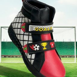 Hopits Checked & Goal Text Applique Detailed Sneakers With Velcro Closure - Red-image-0