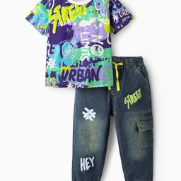 Ollington St. Cotton Half Sleeves Printed T-Shirt & Denim Joggers Set -Multicolor & Indigo-image-87