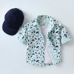 Rikidoos Full Sleeves Doodle Art Printed Shirt With Attached Tee & Cap - Light Pista & Melange-image-68