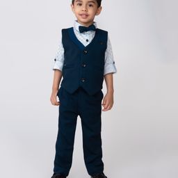 LITTLE COLLARS Full Sleeves 3 Piece Abstract Printed Party Suit Set With Bow - Blue-image-59
