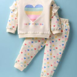 ToffyHouse Cotton Knit Full Sleeves Top & Lounge Pants Set With Hearts Print - Offwhite-image-108