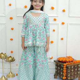 Ka-mee Cotton Woven Three Fourth Sleeves Floral Printed & Gota Lace Embellished Coordinating Kurta & Sharara With Dupatta Set - Green-image-88