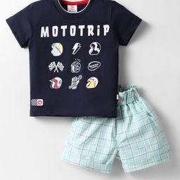 Mini Donuts Cotton Knit Half Sleeves T-Shirt & Shorts with Checks & Mototrip Text Print - Light Green-image-91