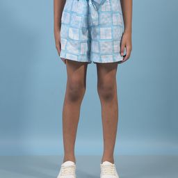 CRIMSOUNE CLUB Cotton Woven Checked & Palm Tree Printed Shorts - Blue-image-47
