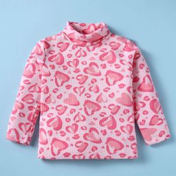 CUCUMBER Cotton Knit Full Sleeves Turtle Neck T-Shirt with Heart Print - Pink-image-78