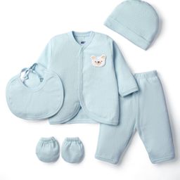 Simply Interlock Knit Full Sleeves Front Open Jhabla & Pant Set With Cap Bib & Mittens - Aqua Blue-image-17