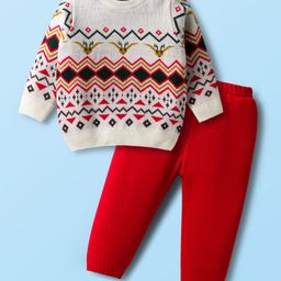 Babyhug Knit Full Sleeves Sweater Set with Fair Isle Design - White & Red-picture-32