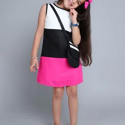 Pink Chick Girls Colourblocked Cotton A-Line Dress With Matching Sling & Bow Clip-image-31