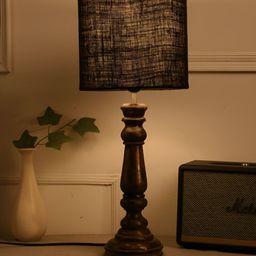 green girgit Black Textured Wood Square Table Lamp with Bulb-34