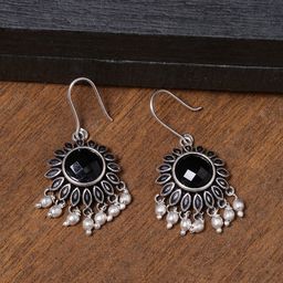 Voylla Silver-Plated & Black Floral Drop Oxidised Earrings-45