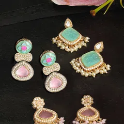 Zaveri Pearls Set of 3 Gold-Plated Teardrop Shaped Stone Studded & Beaded Drop Earrings-1