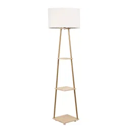 Sanded Edge Wood Offwhite Castle 3 Tier Shelf Storage Floor Lamp with Walnut Polish Shelf-41
