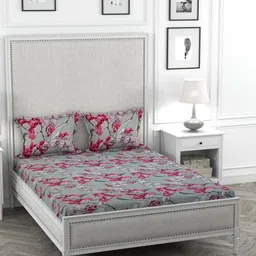 STELLAR HOME Grey & Pink Floral Printed Cotton Double Queen Bedsheet With 2 Pillow Covers-image-46