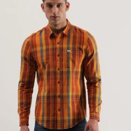 Lee Orange Cotton Slim Fit Checks Shirt-image-42