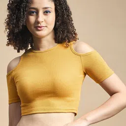 The Roadster Lifestyle Co. Mustard Yellow Cold-Shoulder Sleeves Cropped Top-picture-49