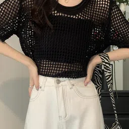 Outzidr Women Checked Flared Sleeve Boxy Top-image-49