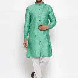 KLOTTHE Men Green Geometric Woven Design Cotton Silk Kurta-45