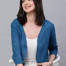 Style Quotient Blue Self Design Front Open Crop Shrug-3