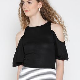 Veni Vidi Vici Women Black Solid Cold Shoulder Fitted Crop Top-image-58