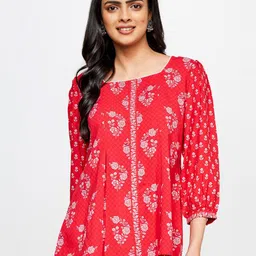 Global Desi Floral Print Tie-Up Neck A-Line Top-image-52