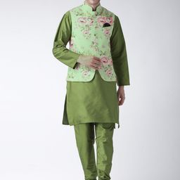 Hangup Men Green & Olive Green Solid Kurta with Pyjamas-image-72