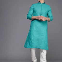Manyavar Men Green Self Design Kurta with Pyjamas-image-9