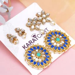 Karatcart Handcrafted Kundan Drop & Stud Earrings - Set of 3-image-17
