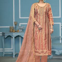 HERE&NOW Striped Embellished Beads & Stones Organza Unstitched Dress Material-image-25