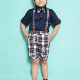 Aj DEZInES Boys Printed Cotton Shirt Bow Shorts With Cap Suspenders Clothing Set-image-4