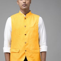 Blackberrys Men Mustard Yellow Pure Linen Self-Design Slim Fit Nehru Jacket-25