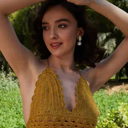 Athena Mustard Yellow Self Design Halter Neck Cotton Crochet Crop Top-image-55
