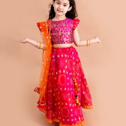 Pspeaches Cap Flutter Sleeves Brocade Style Choli & Foil Printed Bandhani Lehenga With Mirror Embellished Tulle Dupatta - Magenta-image-4