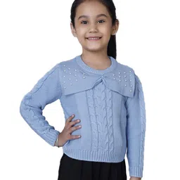 JoE Hazel Full Sleeves Pearl Detailed Bow EmbellishedPullover Sweater- Sky Blue-picture-30