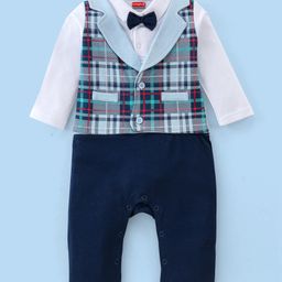 Babyhug 100% Cotton Full Sleeves Romper Checkered - White & Navy Blue-image-35