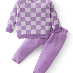 Babyhug Knitted Full Sleeves Sweater Set with Checkered Design - Purple-image-95