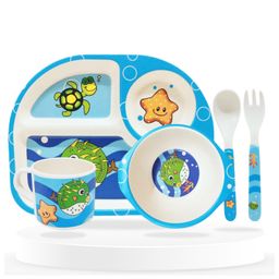 Bembika Baby Self Feeding Essential Baby Dinnerware Bamboo Fibre Dinner Set For Kids For Kids And Toddlers Aquatic Theme Pack Of 5 - (Sky Blue)-19