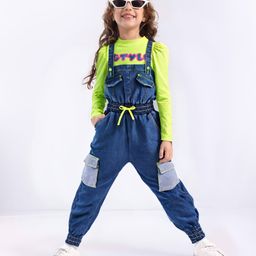 Ollington St. Denim Dungaree With Pockets & Full Sleeves Inner Top with Print - Navy Blue & Green-picture-23
