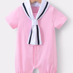 Mark & Mia Half Sleeves Sailor Collared Solid Colour Romper - Pink-image-49