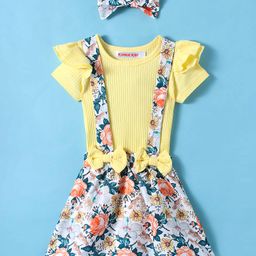 Kookie Kids Cotton Half Sleeves Onesie with Floral Printed Skirt & Bow - Yellow-picture-32