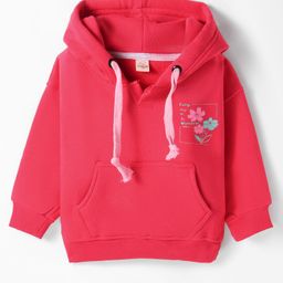 Olio Kids Fleece Knit Full Sleeves Hooded Sweatshirt With Floral Print & Kangaroo Pockets - Pink-image-64