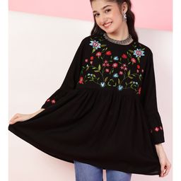 ISHTI Rayon Three Fourth Bell Sleeves Floral Embroidered Top - Black-image-93