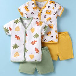 OHMS Single Jersey Knit Half Sleeves Shorts Night Suits With Leaf & Tiger Print Pack of 2 - Green & Yellow-image-41